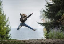 junge Frau springt vor Freude in die Luft