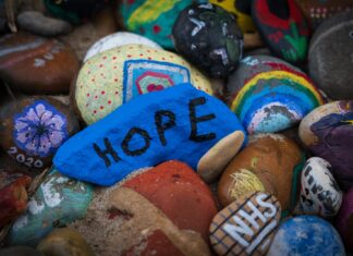 bemalte Steine auf denen das Wort Hoffnung steht